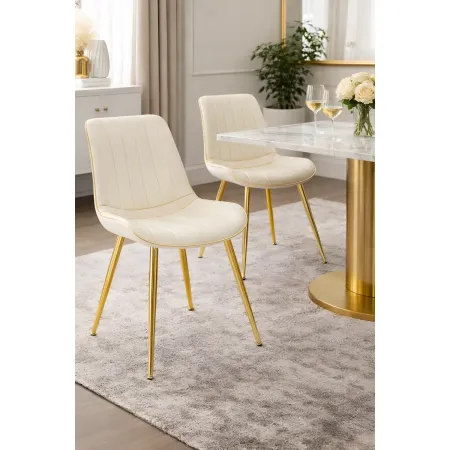 Set 2 Sedie da Pranzo Imbottite Tessuto Crema Finiture Oro Metallo