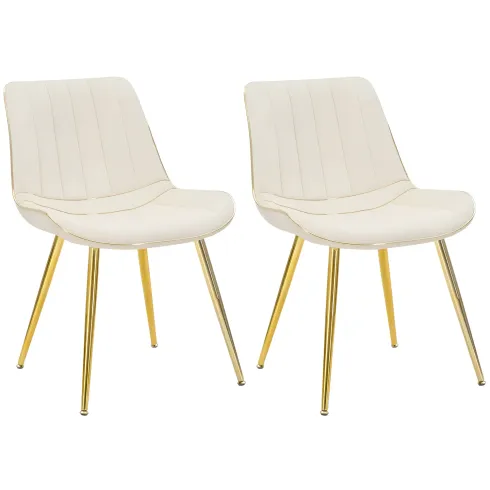 Set 2 Sedie da Pranzo Imbottite Tessuto Crema Finiture Oro Metallo