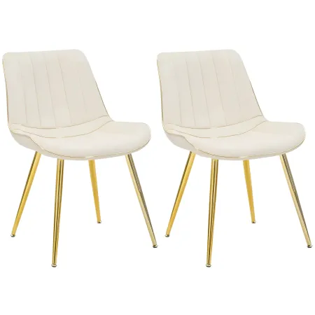 Set 2 Sedie da Pranzo Imbottite Tessuto Crema Finiture Oro Metallo