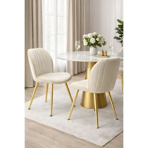 Set 2 Sedie da Pranzo in Velluto Crema Finitura Oro Moderno Soggiorno