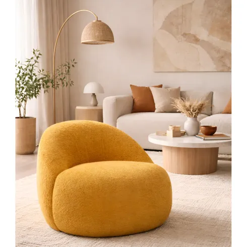 Poltrona Bouclé Senape Seduta Imbottita Moderna per Salotto Lounge
