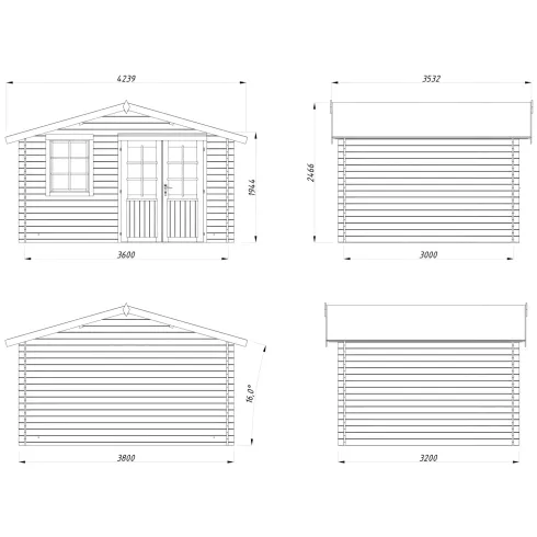 Casetta in Legno 380x320 cm Blockhouse 28 mm Doppia Porta Finestra