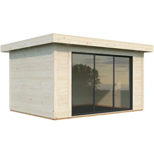 Casetta in Legno Naturale 28 mm 385x291 cm Porta Scorrevole in Vetro
