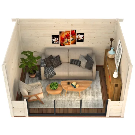Casetta in Legno Naturale 28 mm 385x291 cm Porta Scorrevole in Vetro