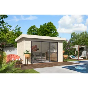 Casetta in Legno Naturale 28 mm 385x291 cm Porta Scorrevole in Vetro 2