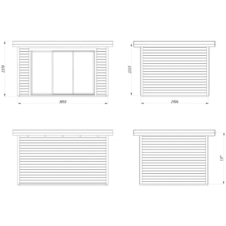 Casetta in Legno Naturale 28 mm 385x291 cm Porta Scorrevole in Vetro