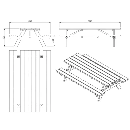 Tavolo Picnic in Legno 239x161x72 con 2 Panche Integrate da Esterno