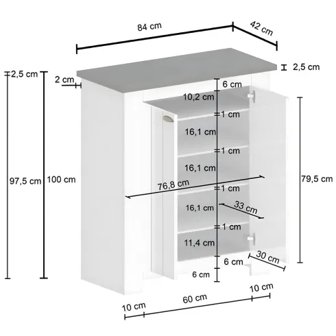 Scarpiera 2 Ante Mobile Ingresso Bianco Report 4 Ripiani 84x42x100 cm
