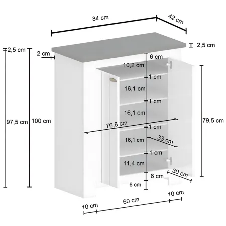 Scarpiera 2 Ante Mobile Ingresso Bianco Rovere 4 Ripiani 84x42x100 cm