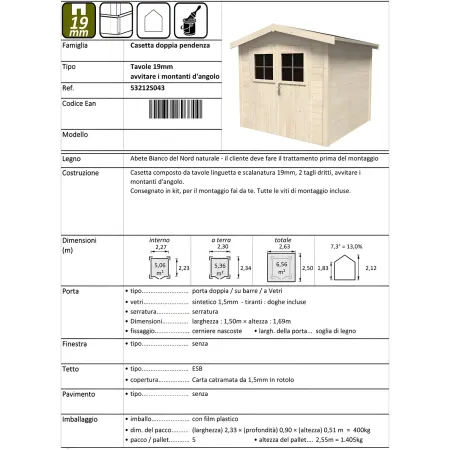 Casetta in Legno 2.3x2.3 mt a Pannelli 19 mm Moderna Porta Attrezzi da Giardino | BricoShop24