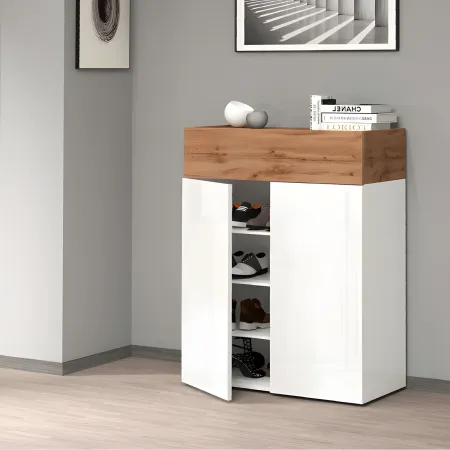 Scarpiera 2 Ante 1 Ribalta Bianco Lucido Rovere 3 Ripiani da Ingresso