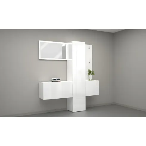 Mobile Ingresso 4 Pezzi Bianco Lucido Scarpiera Specchio Appendiabiti