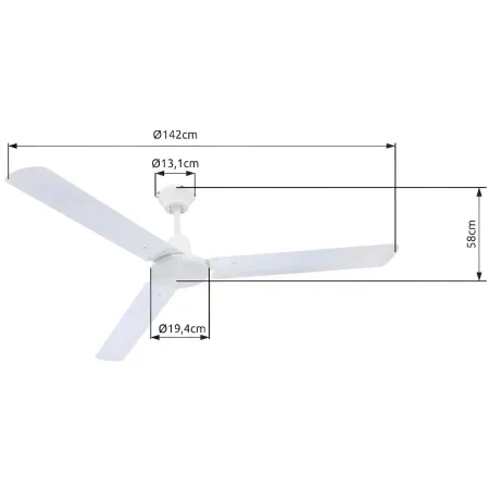 Ventilatore Soffitto con Luce 142 cm 3 Pale Metallo Bianco 3 Velocità