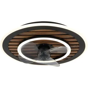 Ventilatore da Soffitto Luce LED 36W Moderno Anello Nero Effetto Legno