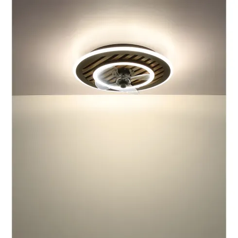 Ventilatore da Soffitto Luce LED 36W Moderno Anello Nero Effetto Legno