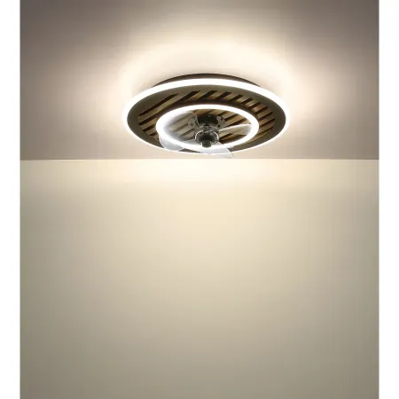 Ventilatore da Soffitto Luce LED 36W Moderno Anello Nero Effetto Legno