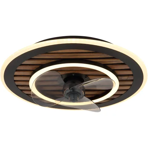 Ventilatore da Soffitto Luce LED 36W Moderno Anello Nero Effetto Legno