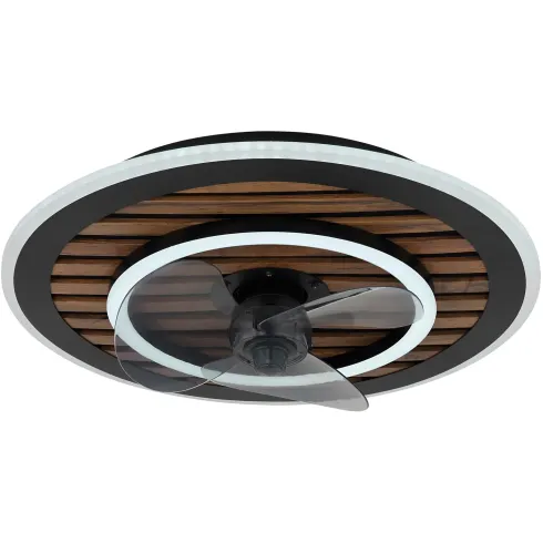 Ventilatore da Soffitto Luce LED 36W Moderno Anello Nero Effetto Legno