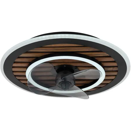 Ventilatore da Soffitto Luce LED 36W Moderno Anello Nero Effetto Legno