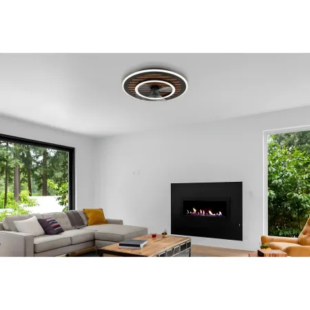 Ventilatore da Soffitto Luce LED 36W Moderno Anello Nero Effetto Legno