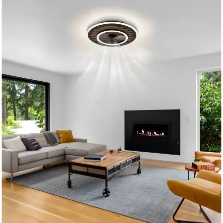 Ventilatore da Soffitto Luce LED 36W Moderno Anello Nero Effetto Legno