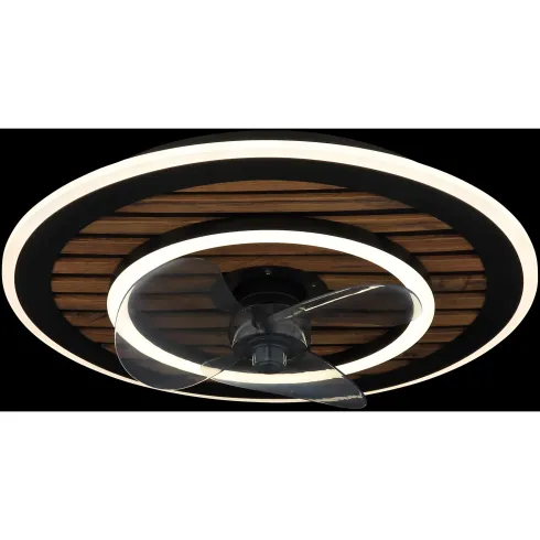 Ventilatore da Soffitto Luce LED 36W Moderno Anello Nero Effetto Legno