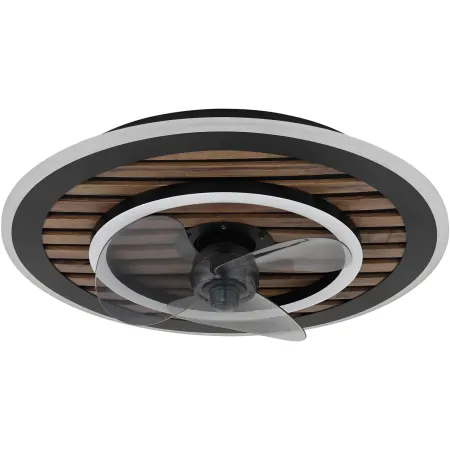 Ventilatore da Soffitto Luce LED 36W Moderno Anello Nero Effetto Legno