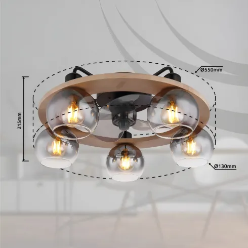 Ventilatore Soffitto con Luce 5 Bracci E27 3 Pale Nero Effetto Legno