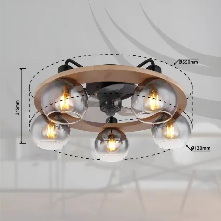 Ventilatore Soffitto con Luce 5 Bracci E27 3 Pale Nero Effetto Legno