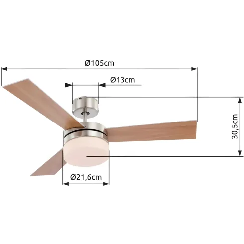 Ventilatore da Soffitto con Luce 3 Pale Reversibili Faggio Argento