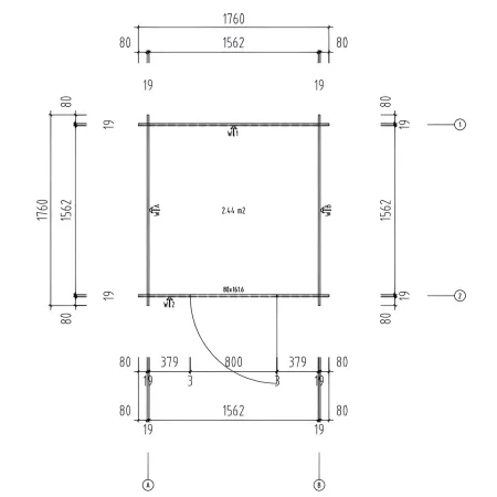 Casetta in Legno Grezzo 19 mm 176x176 cm Blockhouse Tetto in Perline