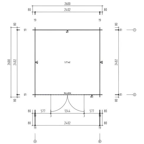 Casetta in Legno 19 mm 260x260 cm Blockhouse Tetto Perline Doppia Porta
