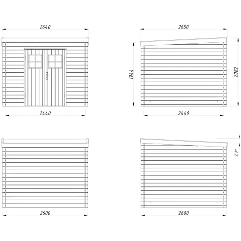 Casetta in Legno 19 mm 260x260 cm Blockhouse Tetto Perline Doppia Porta
