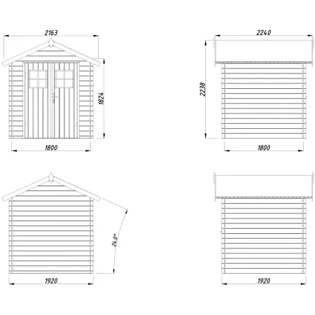 Casetta in Legno Grezzo 19 mm 200x200 cm Blockhouse Porta Doppia