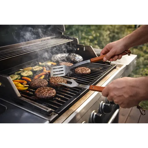 Set 3 Utensili Barbecue Pinza Paletta Forchetta Acciaio Inox Legno
