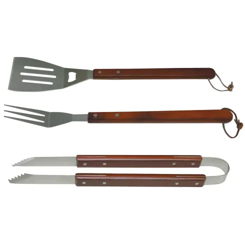Set 3 Utensili Barbecue Pinza Paletta Forchetta Acciaio Inox Legno