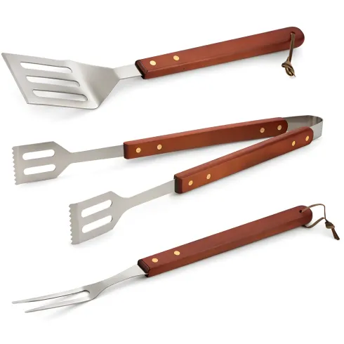 Set 3 Utensili Barbecue Pinza Paletta Forchetta Acciaio Inox Legno
