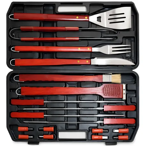 Set Utensili Barbecue 18 Pezzi in Acciaio Cromato con Manico in Legno