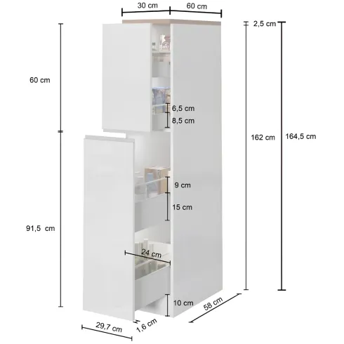 Colonna Portaspezie Bianco Lucido Rovere 2 Cassetti Soft Close Legno