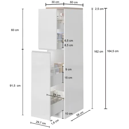 Colonna Portaspezie Bianco Lucido Rovere 2 Cassetti Soft Close Legno