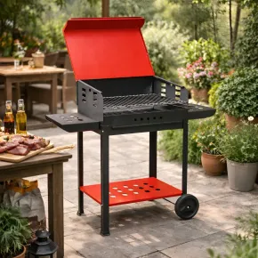 Barbecue a Carbonella 60x40x90 cm Coperchio Ruote Acciaio Rosso Nero 2
