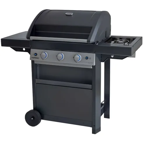 Barbecue Gas Campignaz 3 Fuochi Ruote Acciaio Inox Nero 144x60x116 cm