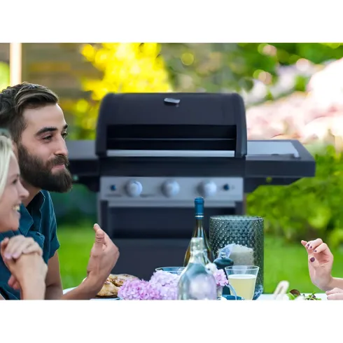 Barbecue Gas Campignaz 3 Fuochi Ruote Acciaio Inox Nero 144x60x116 cm
