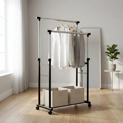 Stand Appendiabiti Doppio in Metallo Verniciato Nero 85x44x90/160 cm