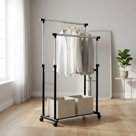 Stand Appendiabiti Doppio in Metallo Verniciato Nero 85x44x90/160 cm