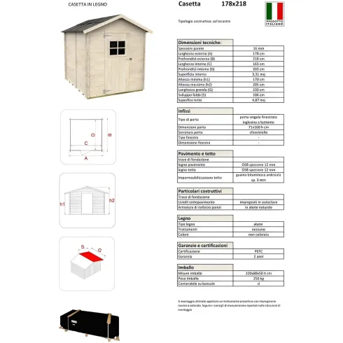 Casetta in Legno con Pavimento 178x218x205 cm Porta Attrezzi da Giardino