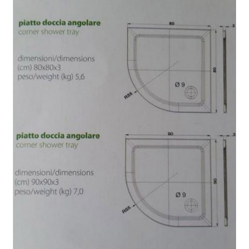 Piatto Doccia Resina Angolare Semicircolare 80x80 90x90 Flat 3cm Bianco Piletta