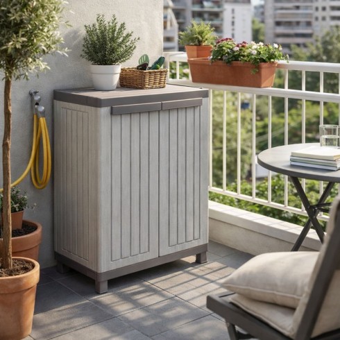 Armadio Basso da Esterno Mobile Balcone Giardino in Resina con Ripiani Due Ante