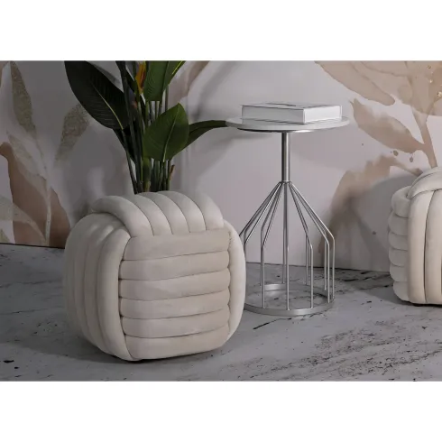 Pouf in Velluto Crema Quadrato Elegante per Salotto Camera da Letto