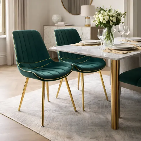 Set 2 Sedie da Pranzo Imbottite Verde Dettagli Oro per Soggiorno Cucina